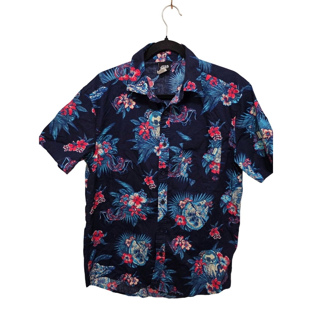 STAR WARS R2-D2 & MILLENNIUM FALCON HAWAIIAN SHIRT - NAVY BLUE TROPICAL FLORAL P